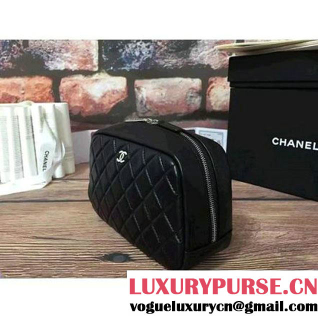 Chanel Lambskin Cosmetic Pouch Medium Bag A80910 Black 2016 (2B038-6082324 )