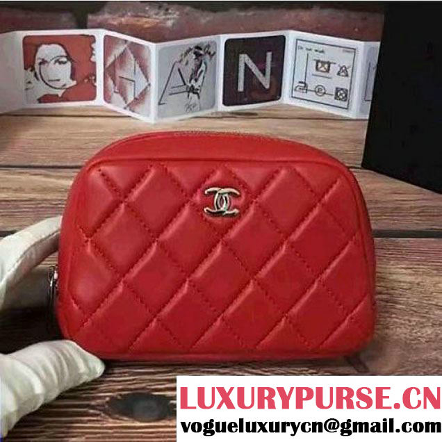 Chanel Lambskin Cosmetic Pouch Small Bag A80909 Red 2016 (2B038-6082325 )