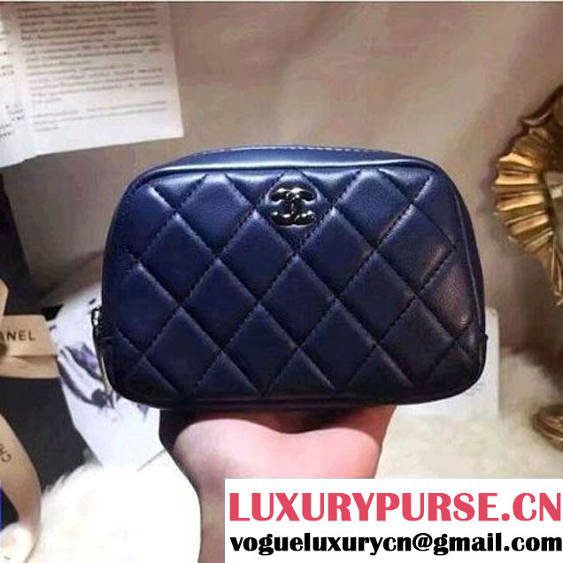 Chanel Lambskin Cosmetic Pouch Small Bag A80909 Navy Blue 2016 (2B038-6082326 )