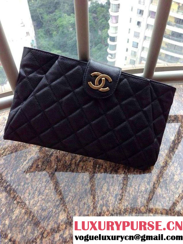 Chanel Black Clutch Bag in Grained Calfskin CC tab - Spring Summer 2014