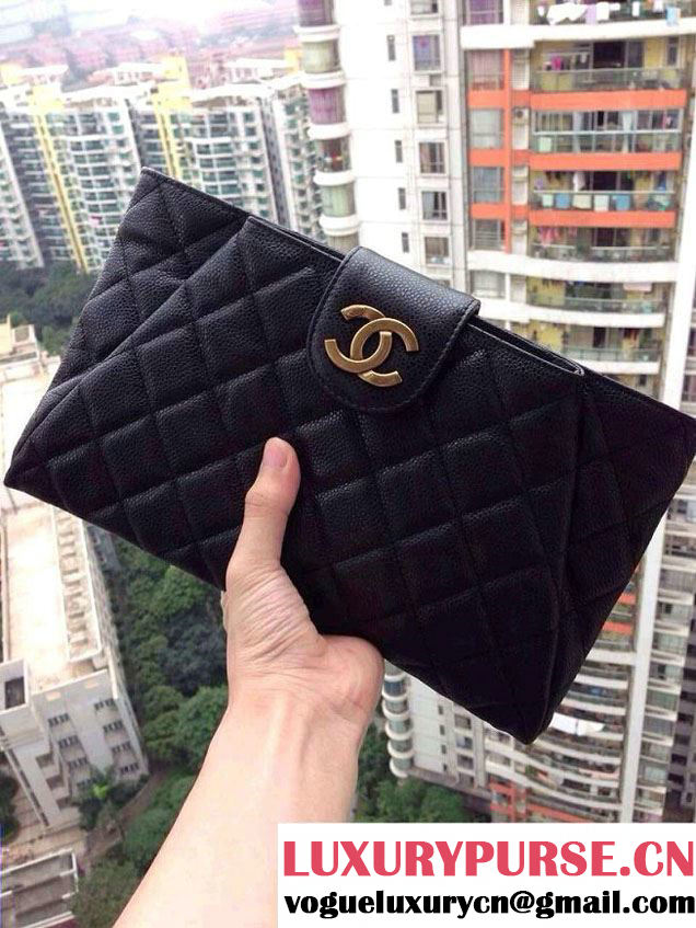Chanel Black Clutch Bag in Grained Calfskin CC tab - Spring Summer 2014