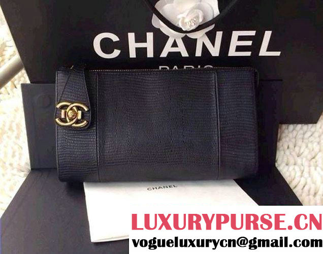 Chanel Leather Lizard Pattern Clutch Bag in Black 2014