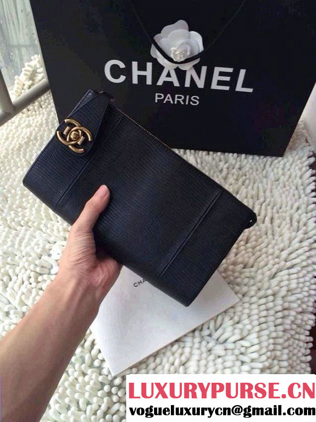Chanel Leather Lizard Pattern Clutch Bag in Black 2014