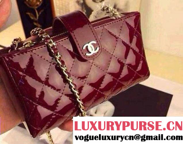 Chanel Patent Leather Small Clutch Flap Bag Burgundy 2014