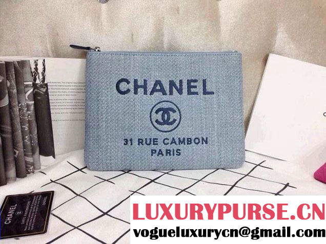 Chanel Deauville Canvas Clutch Light Blue 2014