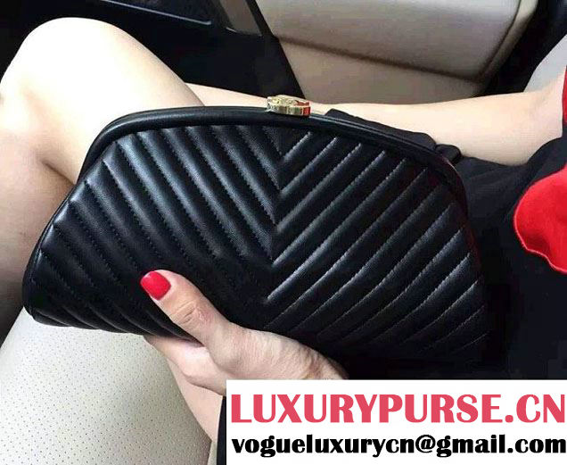 Chanel Lambskin Chevron Timeless Clutch Bag Black 2015