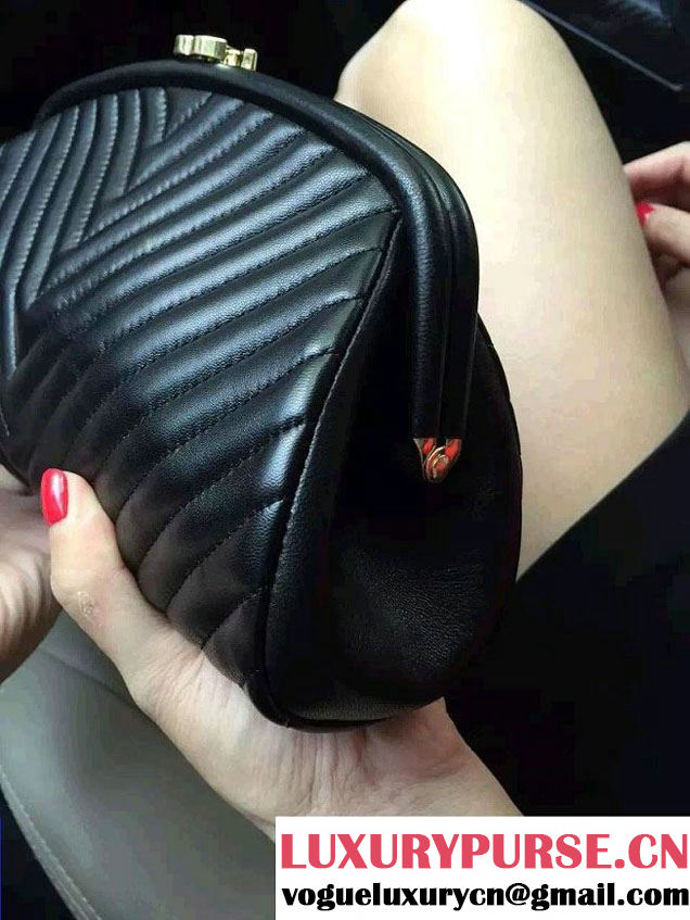 Chanel Lambskin Chevron Timeless Clutch Bag Black 2015