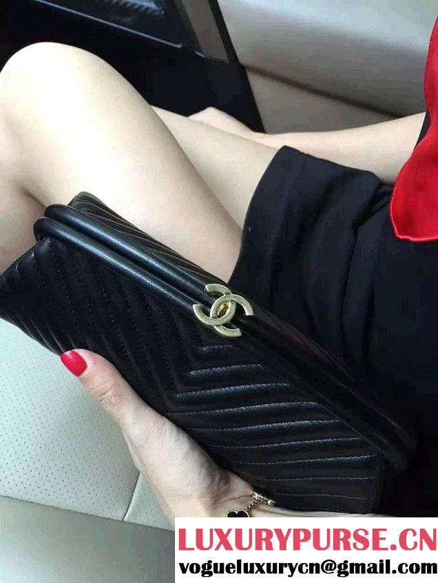 Chanel Lambskin Chevron Timeless Clutch Bag Black 2015