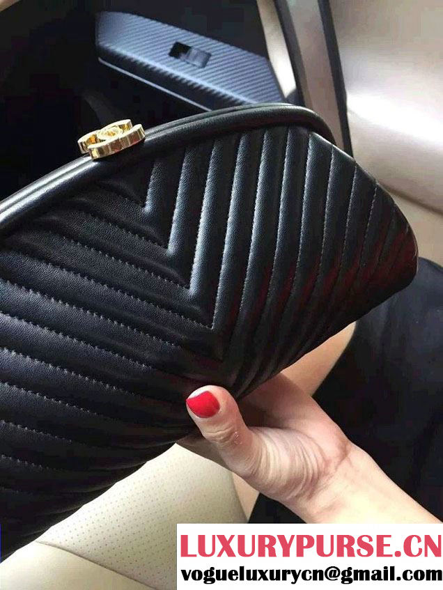 Chanel Lambskin Chevron Timeless Clutch Bag Black 2015