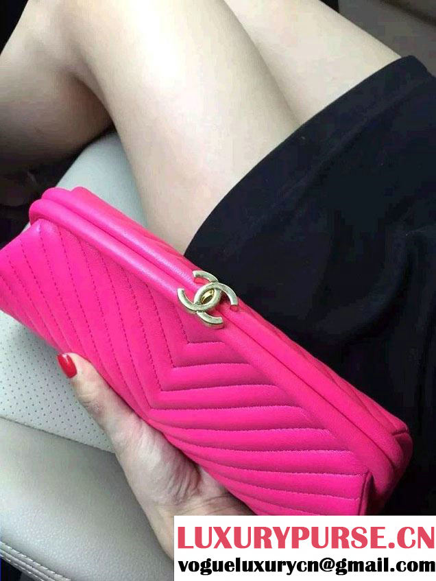 Chanel Lambskin Chevron Timeless Clutch Bag Fuchsia 2015