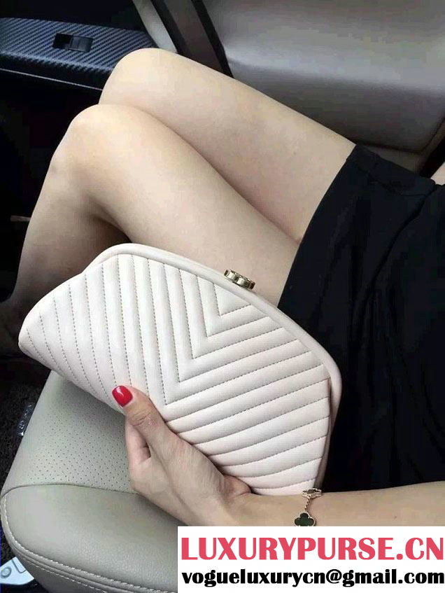 Chanel Lambskin Chevron Timeless Clutch Bag Nude Pink 2015
