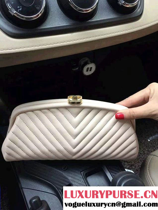 Chanel Lambskin Chevron Timeless Clutch Bag Nude Pink 2015