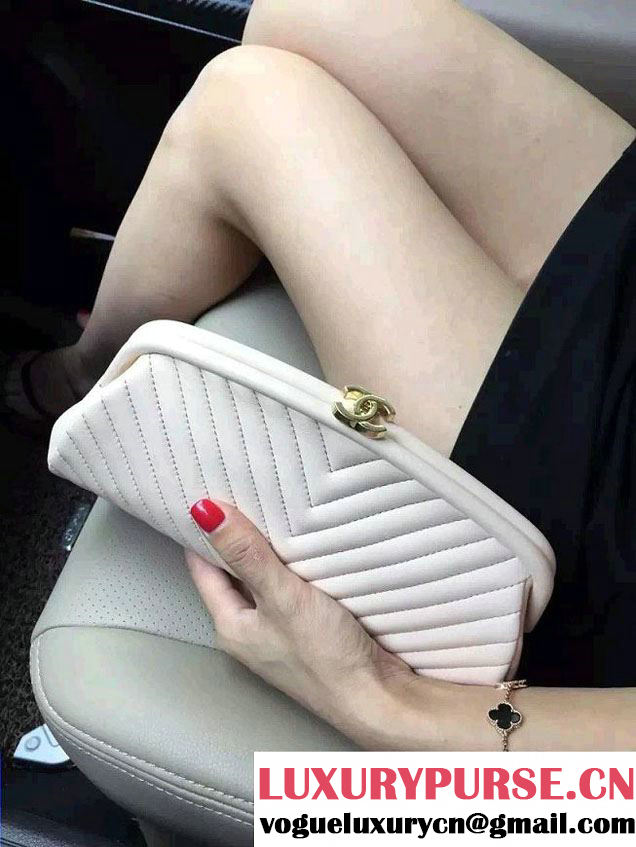 Chanel Lambskin Chevron Timeless Clutch Bag Nude Pink 2015
