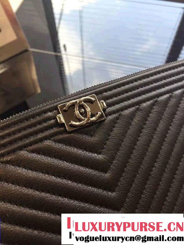 Chanel Boy Metallic Calfskin Chevron Clutch Bag Black 2015