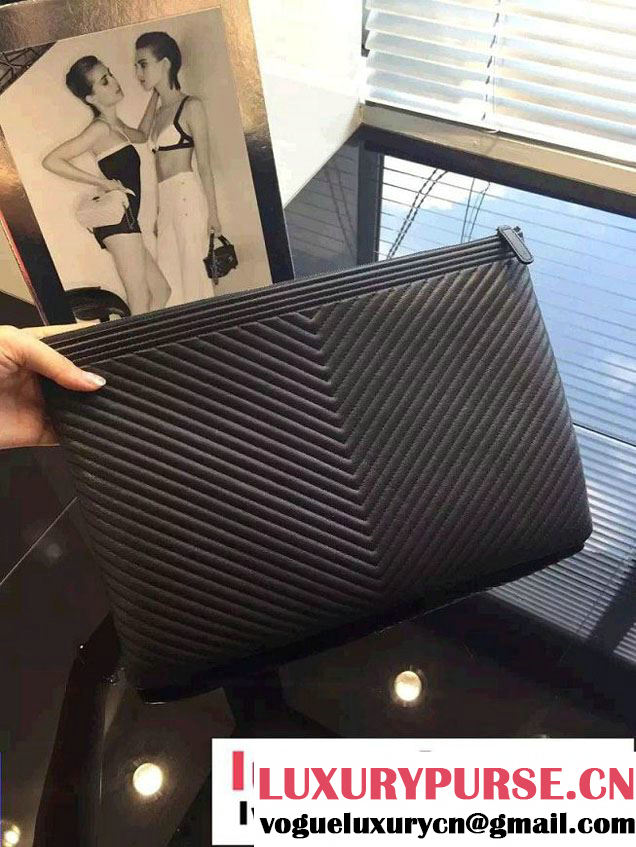 Chanel Boy Metallic Calfskin Chevron Clutch Bag Black 2015