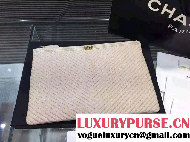 Chanel Boy Metallic Calfskin Chevron Clutch Bag Beige 2015