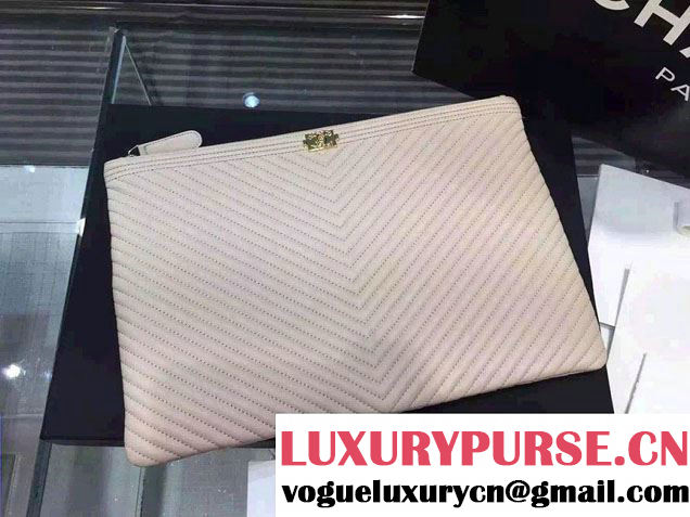 Chanel Boy Metallic Calfskin Chevron Clutch Bag Beige 2015