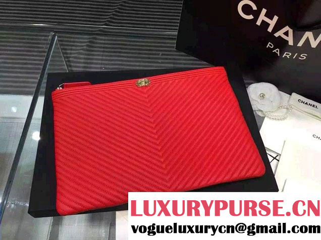 Chanel Boy Metallic Calfskin Chevron Clutch Bag Red 2015