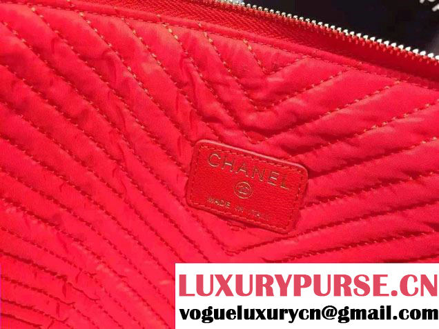 Chanel Boy Metallic Calfskin Chevron Clutch Bag Red 2015