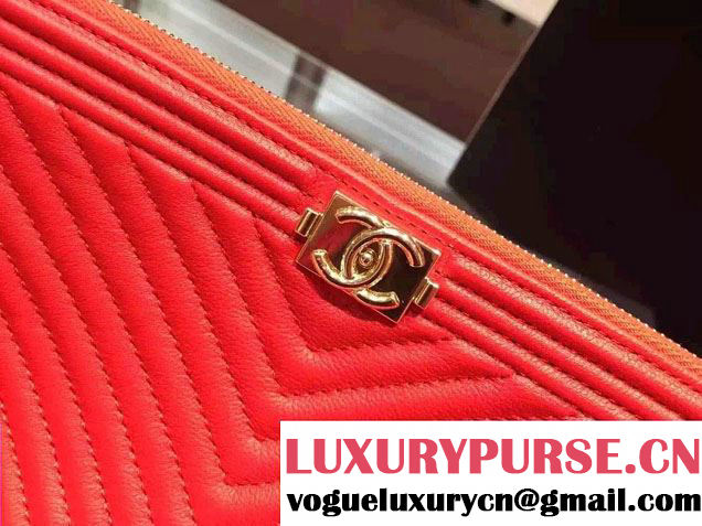 Chanel Boy Metallic Calfskin Chevron Clutch Bag Red 2015