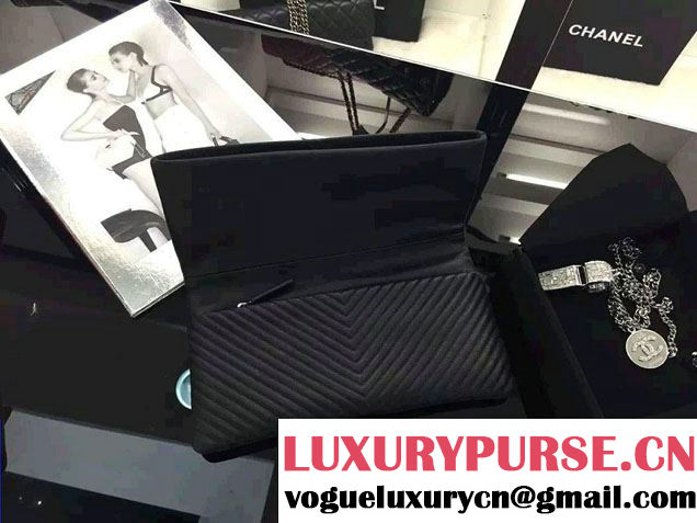 Chanel Boy Metallic Calfskin Chevron Folded Large Case Bag A80494 Black 2015