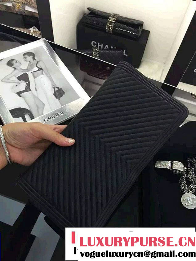 Chanel Boy Metallic Calfskin Chevron Folded Large Case Bag A80494 Black 2015