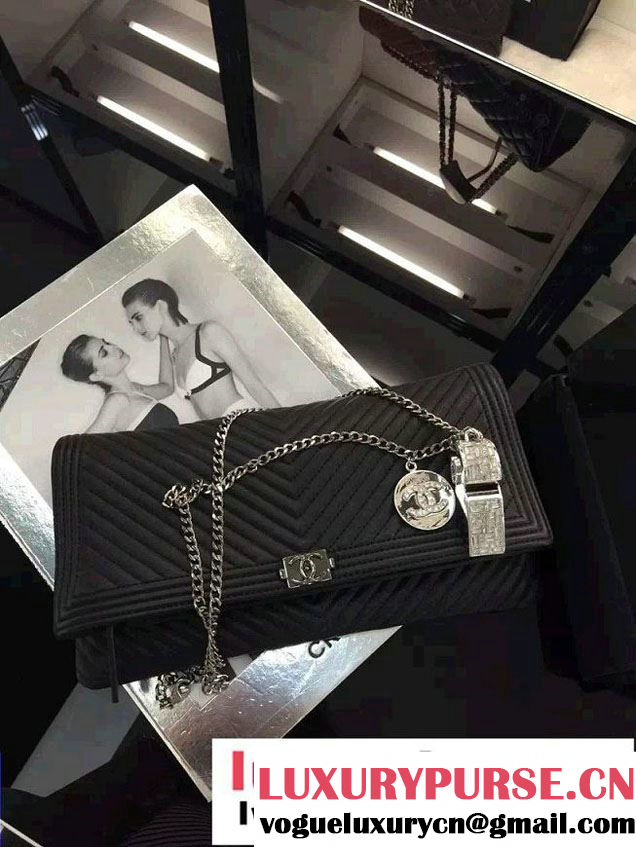 Chanel Boy Metallic Calfskin Chevron Folded Large Case Bag A80494 Black 2015