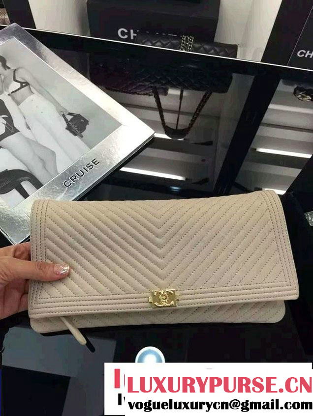 Chanel Boy Metallic Calfskin Chevron Folded Large Case Bag A80494 Beige 2015