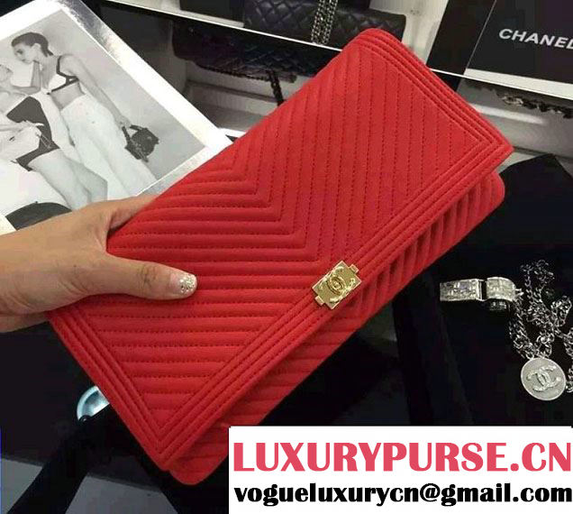 Chanel Boy Metallic Calfskin Chevron Folded Large Case Bag A80494 Red 2015