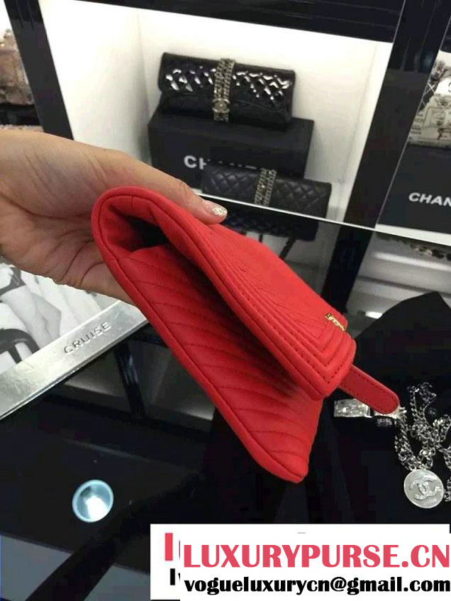 Chanel Boy Metallic Calfskin Chevron Folded Large Case Bag A80494 Red 2015