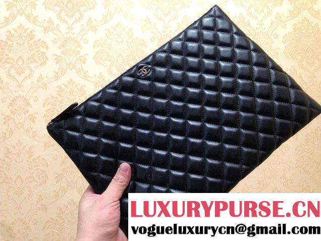 Chanel Lambskin Leather Ipad Clutch Case Large Bag Black A69252