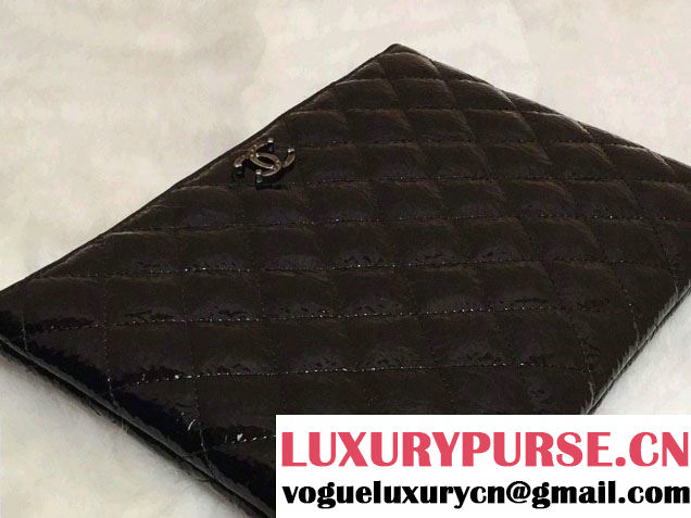 Chanel Patent Leather Ipad Clutch Case Small Bag Black A69252