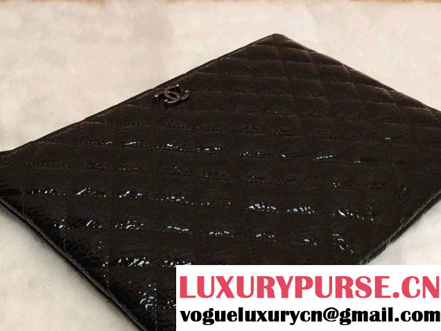Chanel Patent Leather Ipad Clutch Case Medium Bag Black A69252