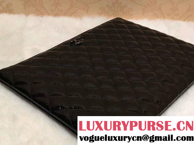 Chanel Patent Leather Ipad Clutch Case Large Bag Black A69252