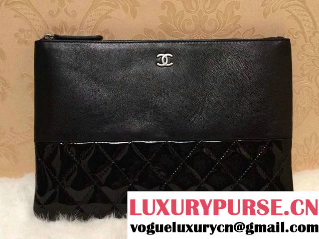 Chanel Lambskin and Patent Leather Ipad Clutch Case Small Bag Black A69252