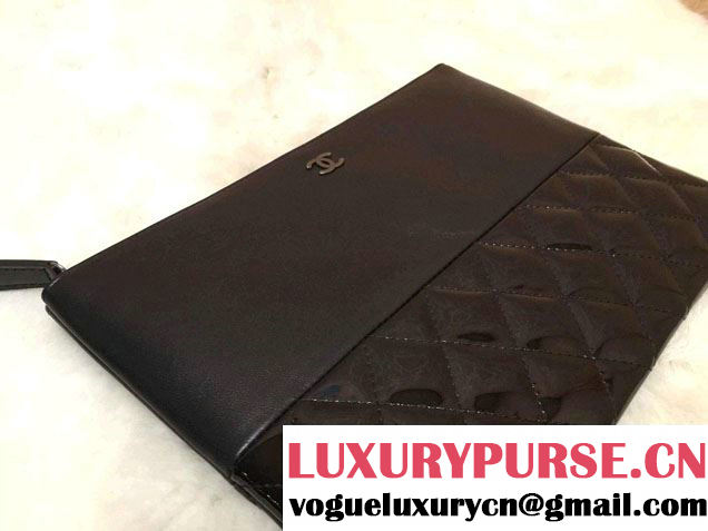 Chanel Lambskin and Patent Leather Ipad Clutch Case Small Bag Black A69252