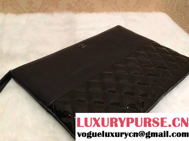 Chanel lambskin and Patent Leather Ipad Clutch Case Medium Bag Black A69252