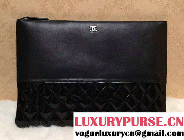 Chanel Lambskin and Patent Leather Ipad Clutch Case Large Bag Black A69252