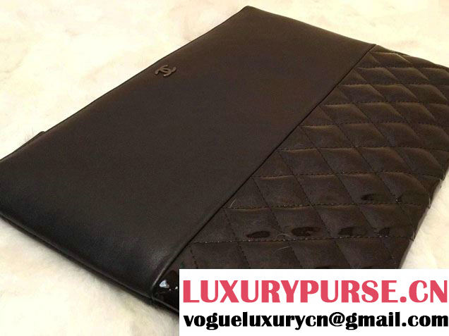 Chanel Lambskin and Patent Leather Ipad Clutch Case Large Bag Black A69252