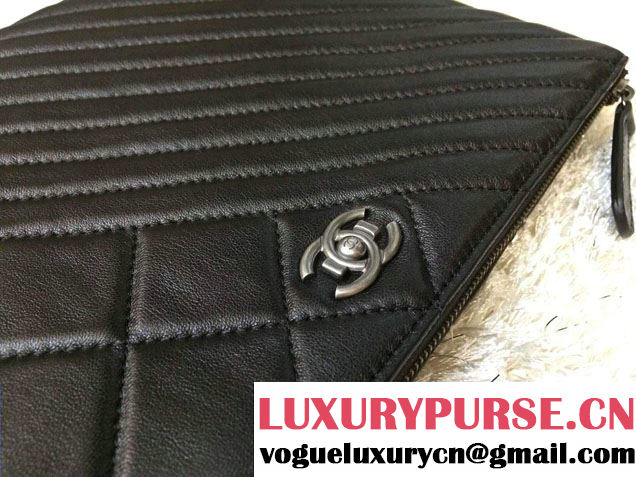 Chanel Zipped Lambskin Leather Ipad Clutch Case Medium Bag Black A69252