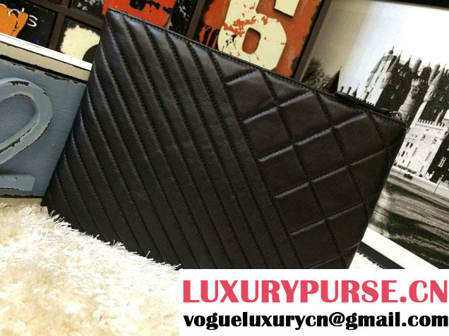 Chanel Zipped Lambskin Leather Ipad Clutch Case Medium Bag Black A69252