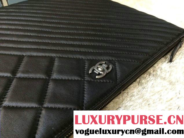 Chanel Zipped Lambskin Leather Ipad Clutch Case Large Bag Black A69252