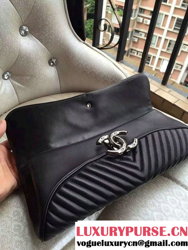 Chanel Chevron Evening Clutch Bag Black 2015