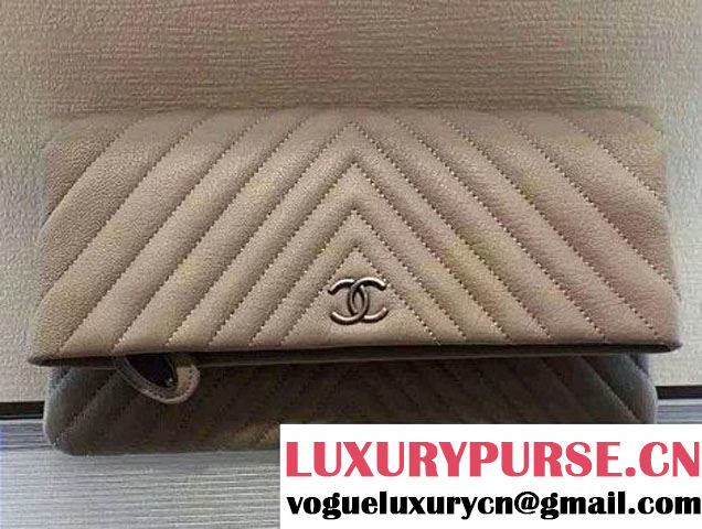 Chanel Calfskin Chevron Folded Large Clutch Case Bag Beige 2015