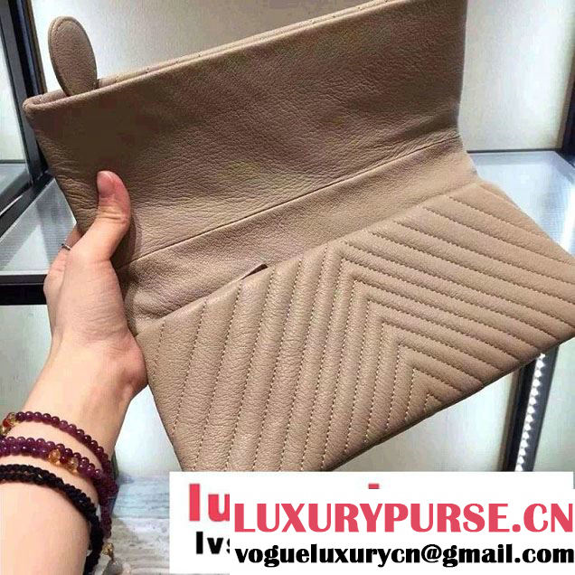 Chanel Calfskin Chevron Folded Large Clutch Case Bag Beige 2015