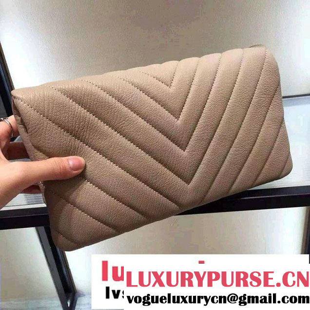 Chanel Calfskin Chevron Folded Large Clutch Case Bag Beige 2015