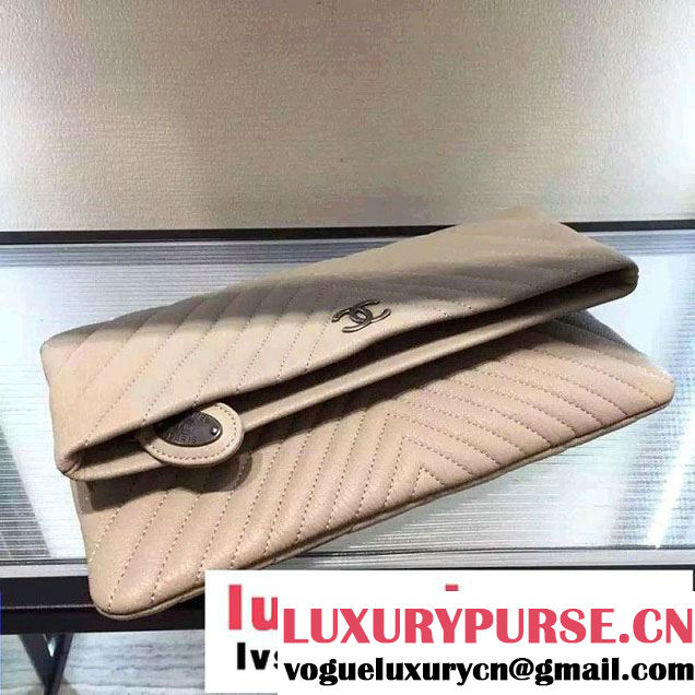 Chanel Calfskin Chevron Folded Large Clutch Case Bag Beige 2015