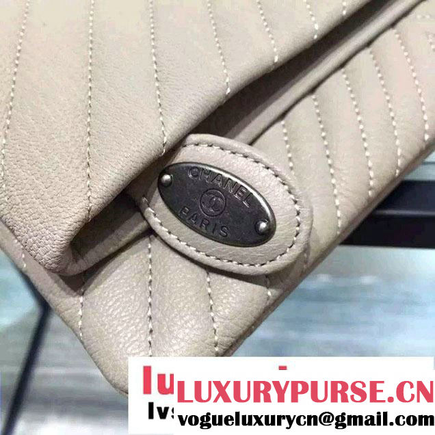 Chanel Calfskin Chevron Folded Large Clutch Case Bag Beige 2015