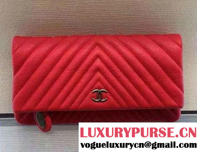 Chanel Calfskin Chevron Folded Large Clutch Case Bag Red 2015