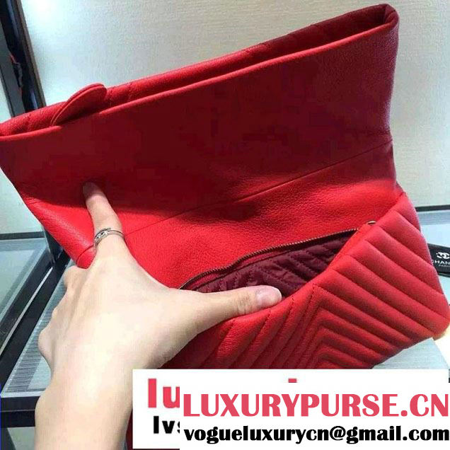 Chanel Calfskin Chevron Folded Large Clutch Case Bag Red 2015